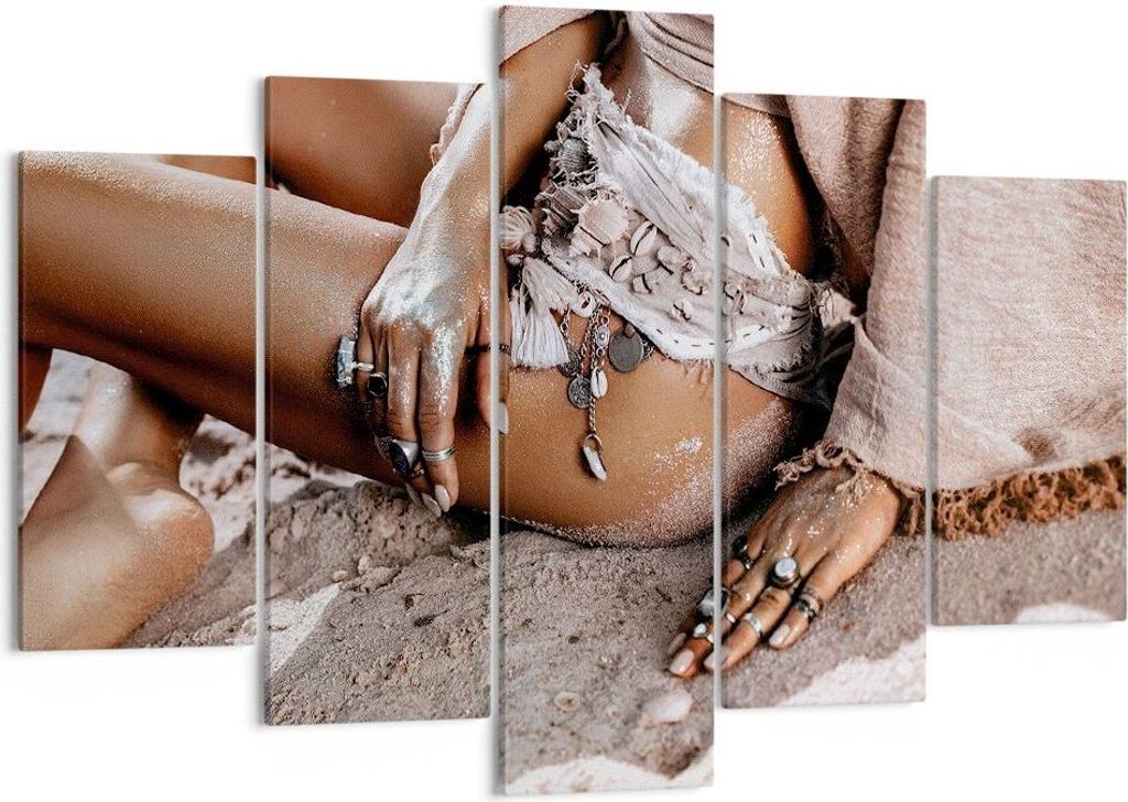 Bild auf Leinwand - Leinwandbild - 5 Teile - Sand Frau Schmuck - 150x100cm - Wand Bild - Wanddeko - Wandbilder - Leinwanddruck - Bilder - Wanddekor...