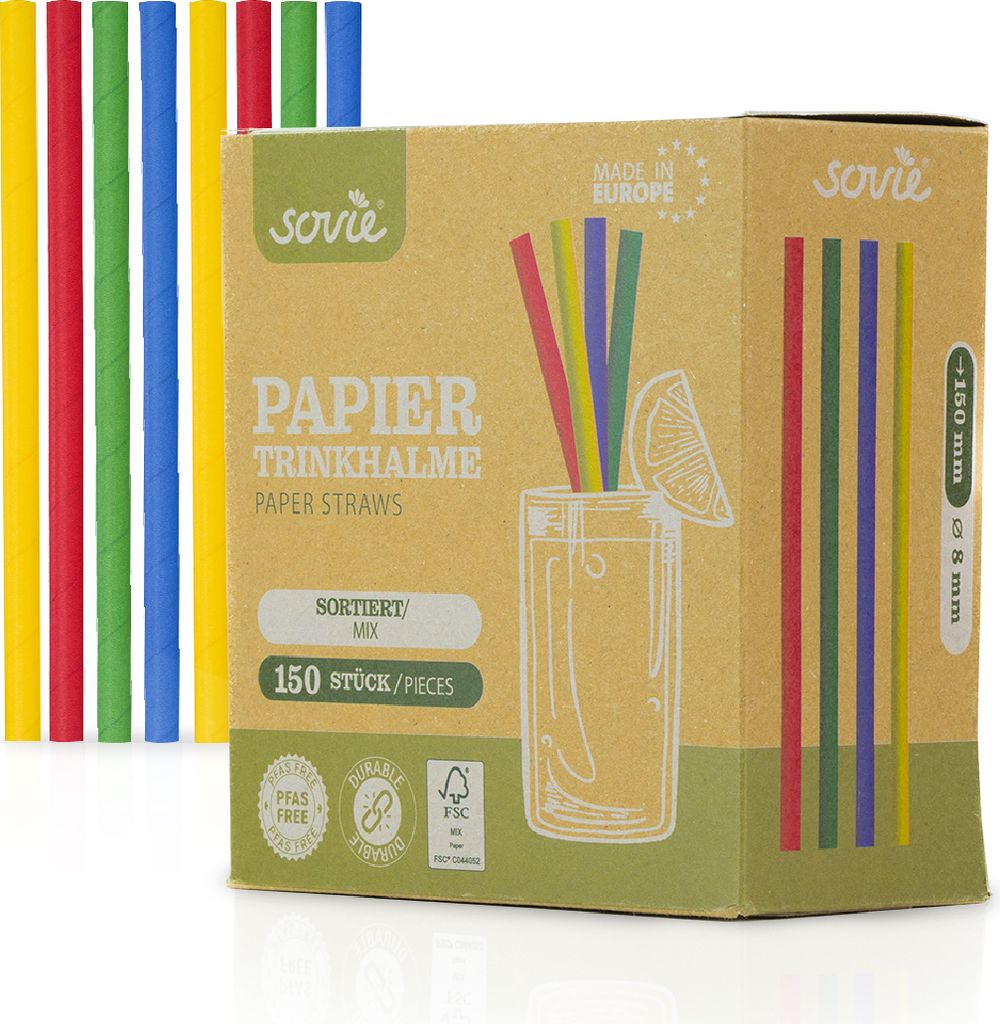 Trinkhalm in Blau Gelb Grün Rot farbig sortiert aus Papier, Ø 8 mm / 15 cm, 150 Stück in Pappkarton