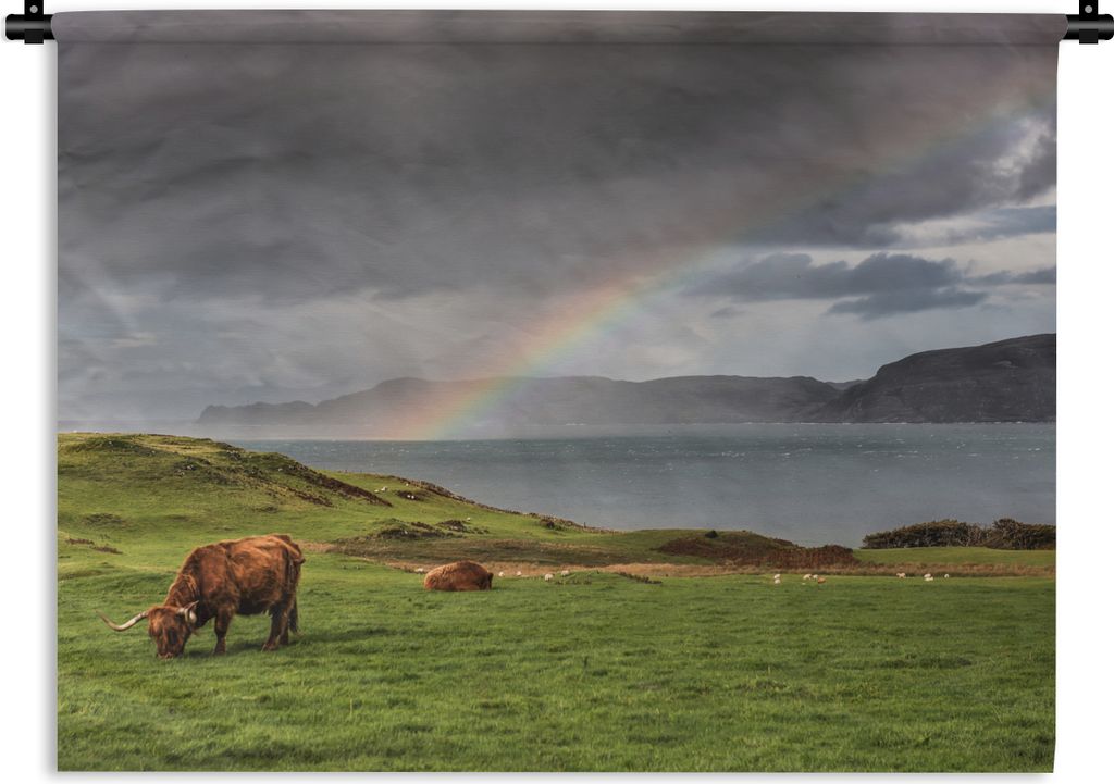 MuchoWow Wandteppich Wandbehang Schottische Highlander - Gras - Wolken 150x112.50 cm Tapisserie Dekoration Wandtuch - Wanddecke - Wandteppiche