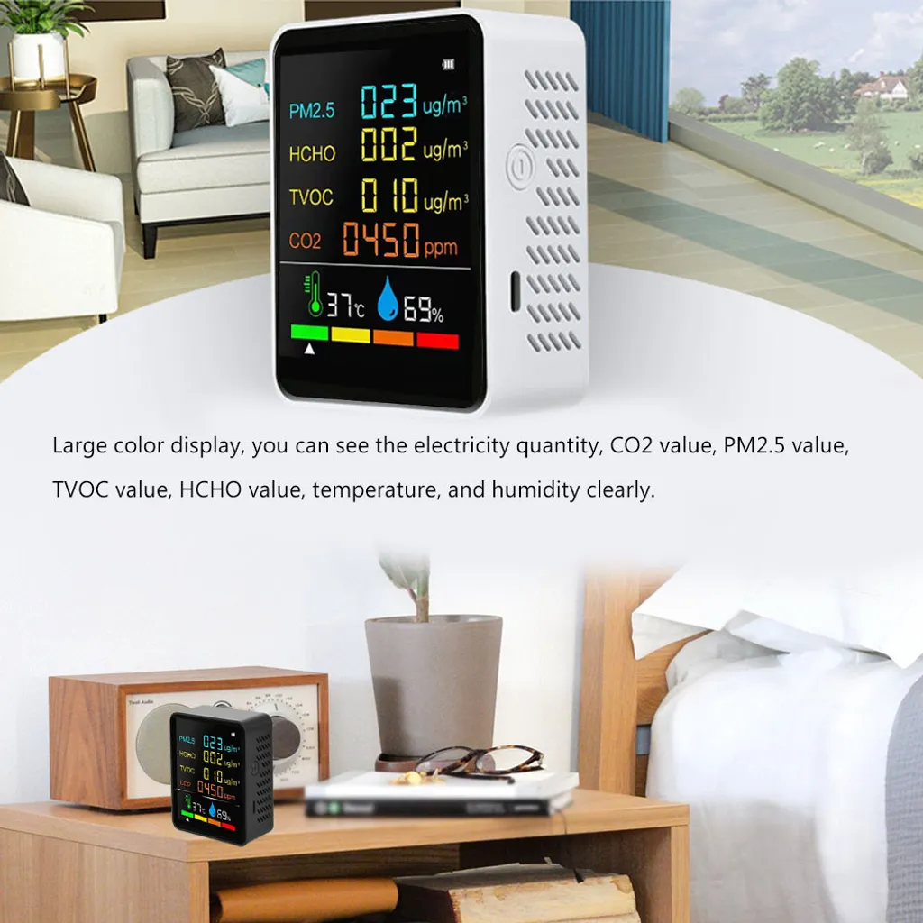Détecteur CO2 multifonction avec PM2.5 et TVOC - Moniteur Air LCD Noir - 7