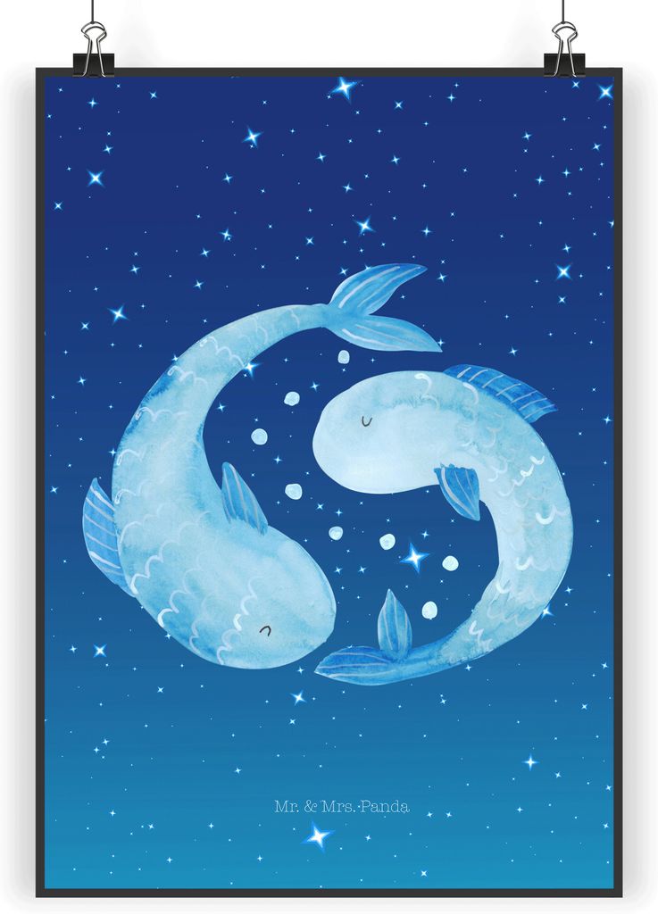 Mr. & Mrs. Panda Bild Sternzeichen Fische DIN A3 - Sternenhimmel Blau - Geschenk, Wanddeko, drucke, Wandbild, Geburtstag März, Sternbild, Posterdr...