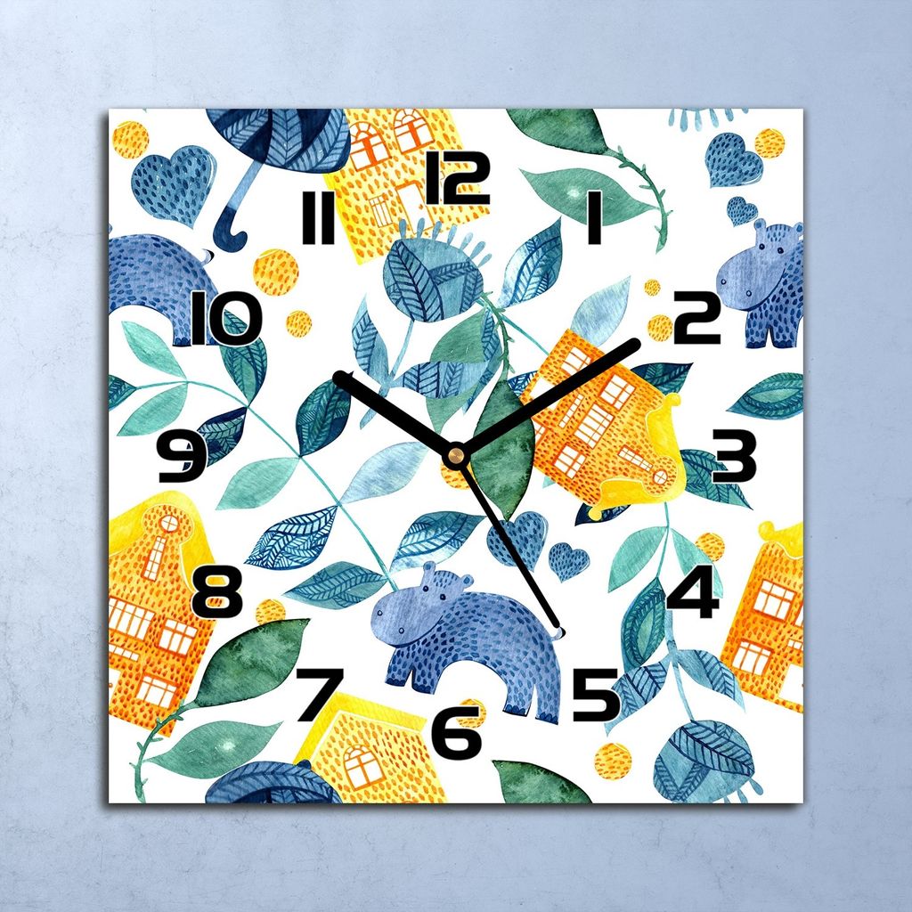 Wanduhr Echt-Glas-Küchenuhr Nilpferde Tiere Quarz Lautlos 30x30 Deko Bilder