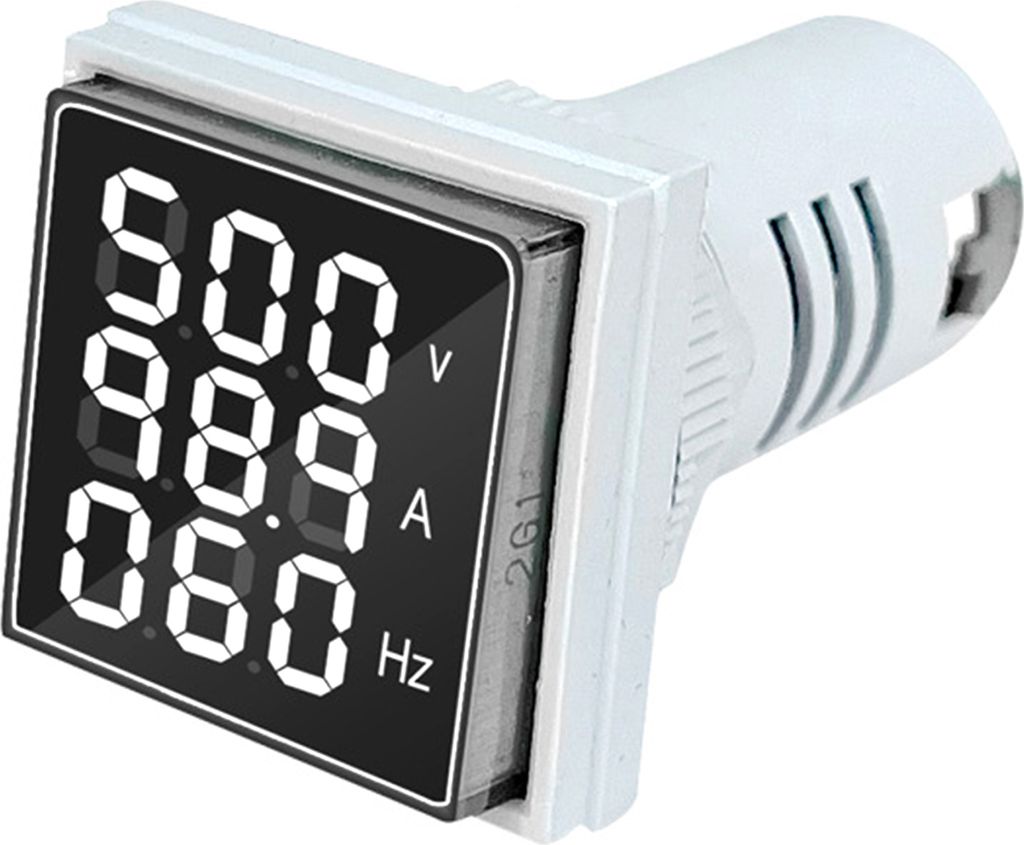 3-in-1 Dreistellige Anzeige für Wechselstrom, Spannung, Frequenz, 22 mm quadratischer Kopf, LED-Anzeige, AC 60–500 V, 0–100 A, 20–75 Hz - Weiß