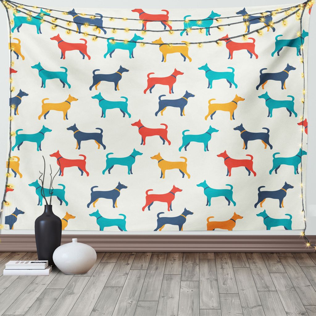 ABAKUHAUS Bunt Wandteppich, Retro Dog, Wohnzimmer Schlafzimmer Wandtuch Seidiges Satin Wandteppich, 150 x 100 cm, Grau Teal Rot