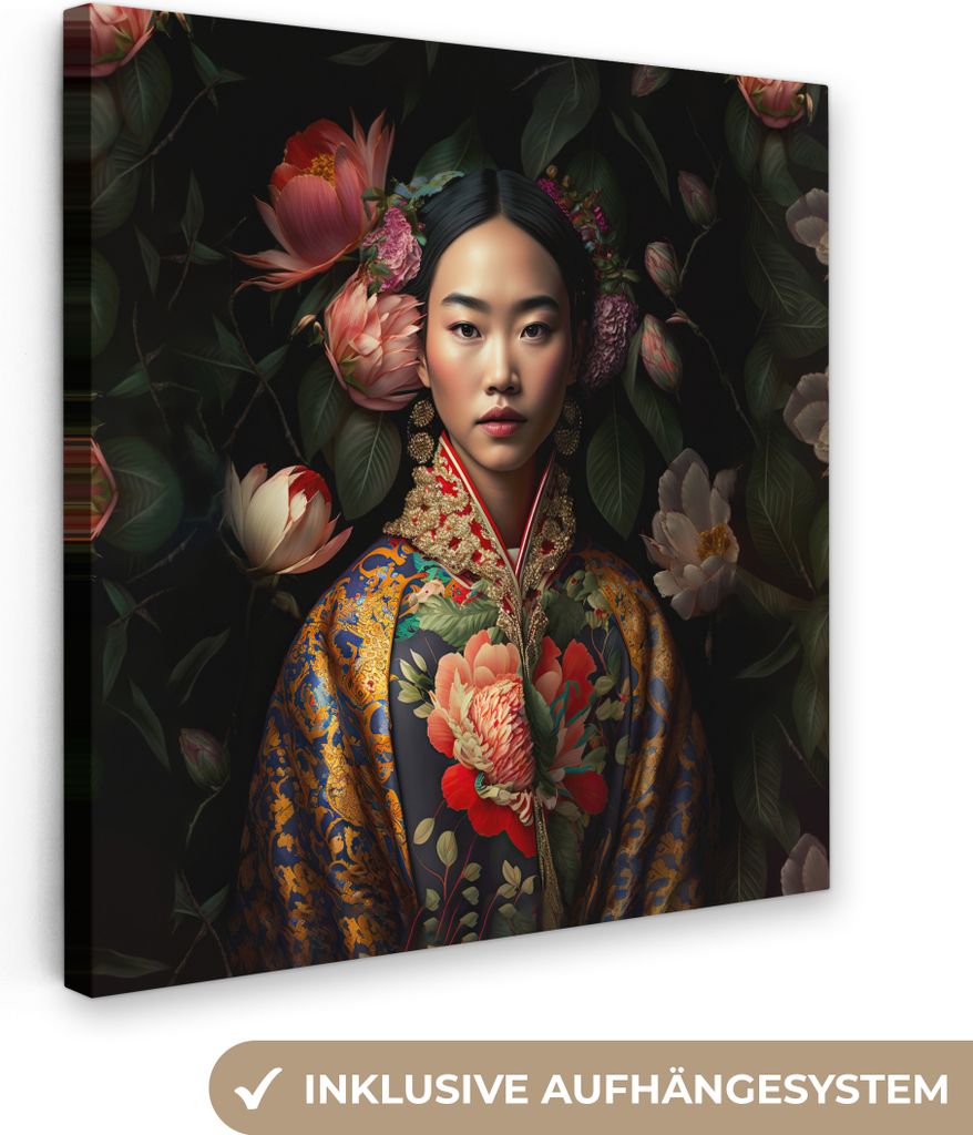 MuchoWow - Leinwandbilder - Frau - Asiatisch - Kimono - Blumen - Porträt, Wandbild, Wanddeko Bilder Wohnzimmer, 20x20 cm