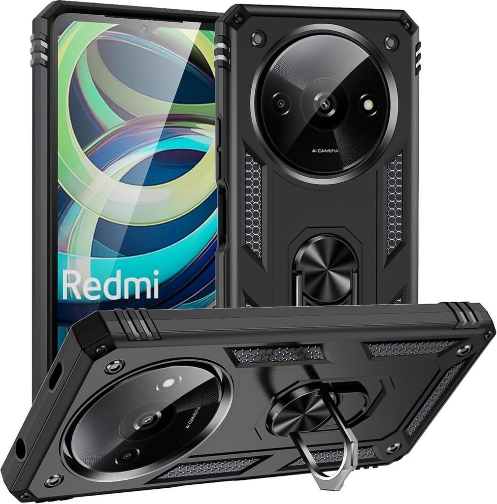 Conie Outdoor Schutzhülle für Xiaomi Redmi A3 Tasche Silikon Hard Case Cover Hülle mit Halter Ständer in Schwarz