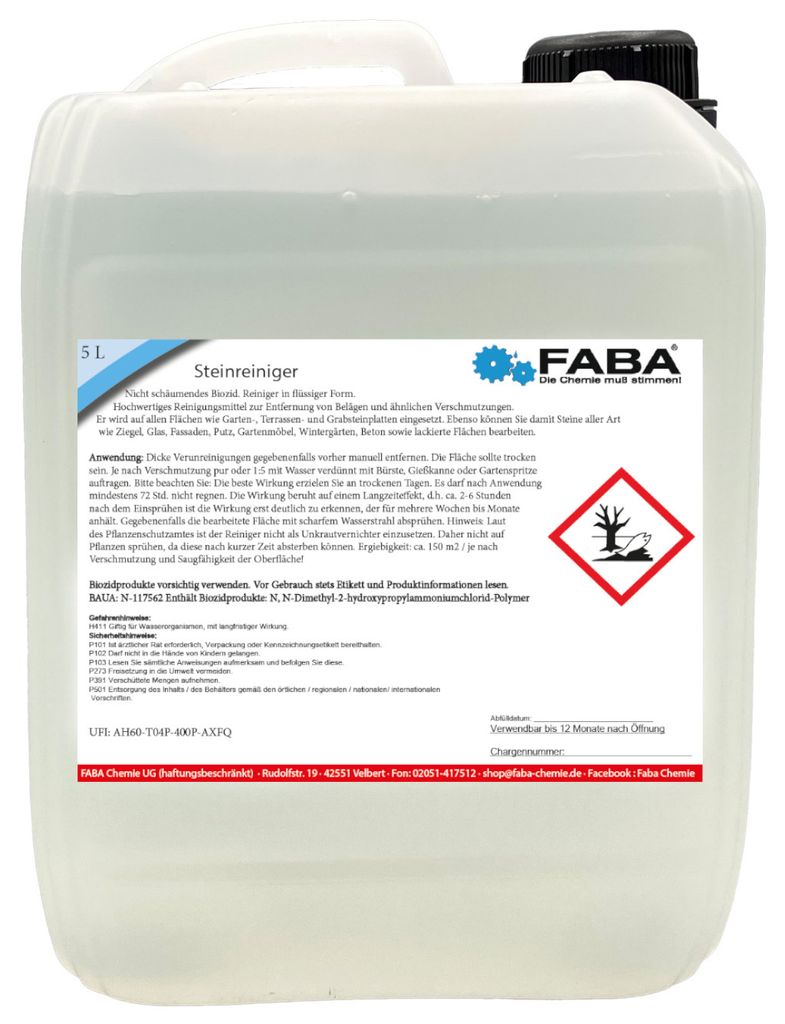 FABA Steinreiniger 5 L Konzentrat hochwertiges Reinigungsmittel, Wegreiniger für Terrasse und Pflaster, Belagentferner