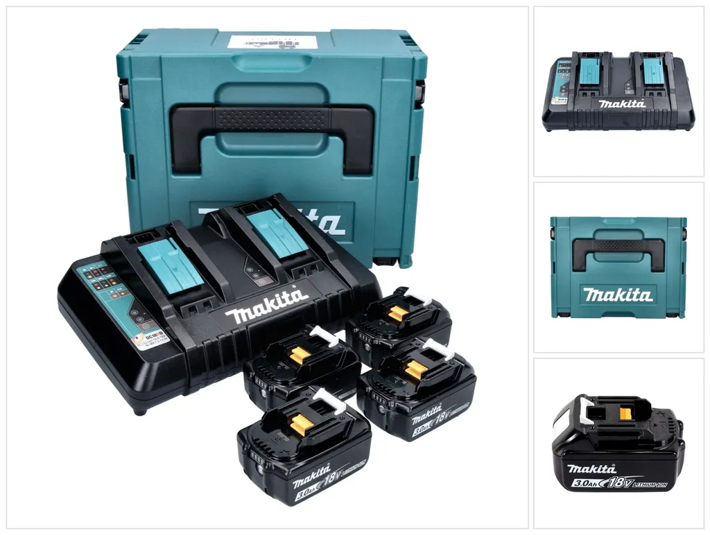 Pack Énergie Makita 18V complet avec 4 Batteries Li-Ion et Chargeur Double