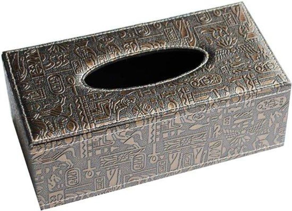 Rechte tissuebox aus Kunstleder (ägyptisches Muster) für den Büroumzug.