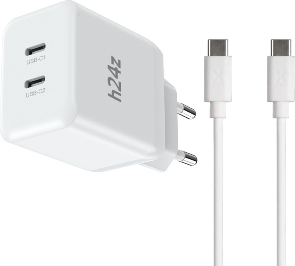 A white USB-C charger with two ports and two white USB-C cables are shown against a white background.