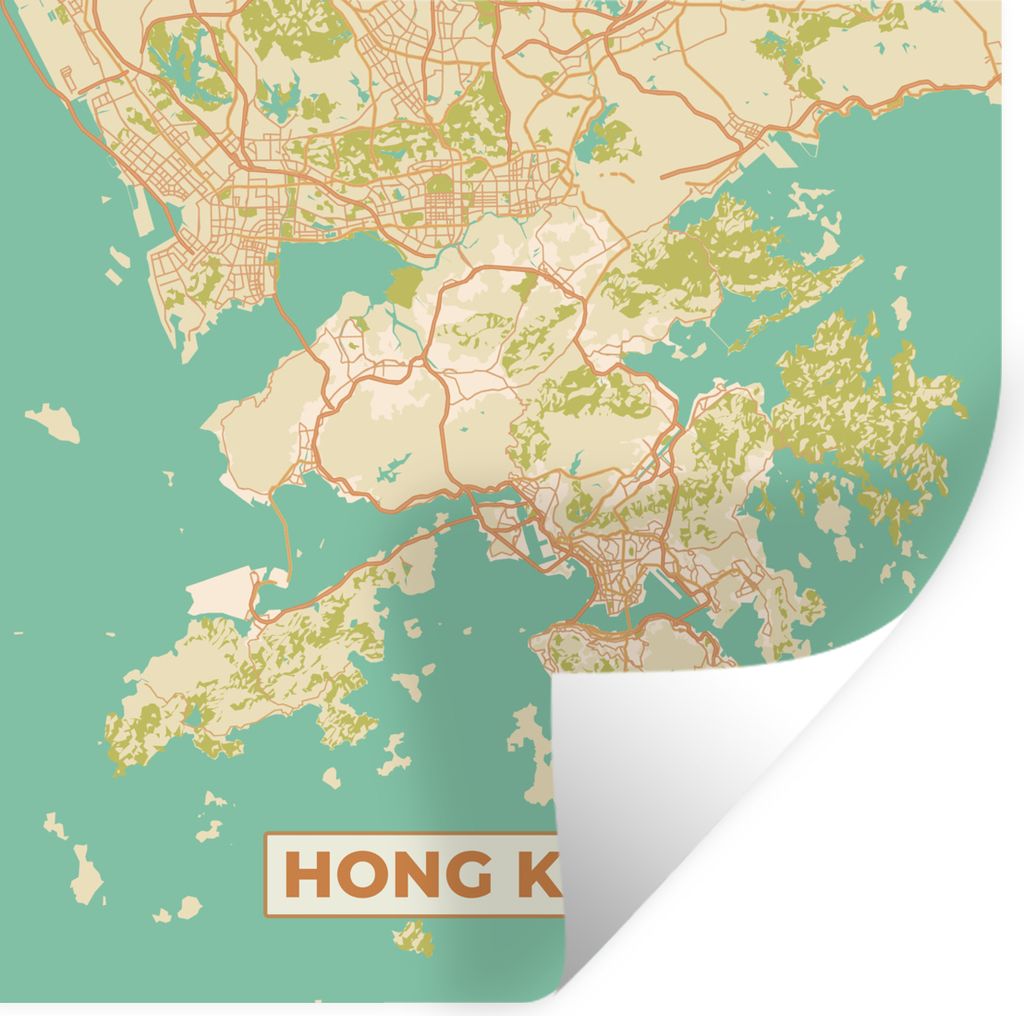 MuchoWow Wandtattoo Wandsticker Wandaufkleber Karte - Hongkong - Stadtplan - Vintage - Karte 100x100 cm Selbstklebend und Repositionierbar - Wier...