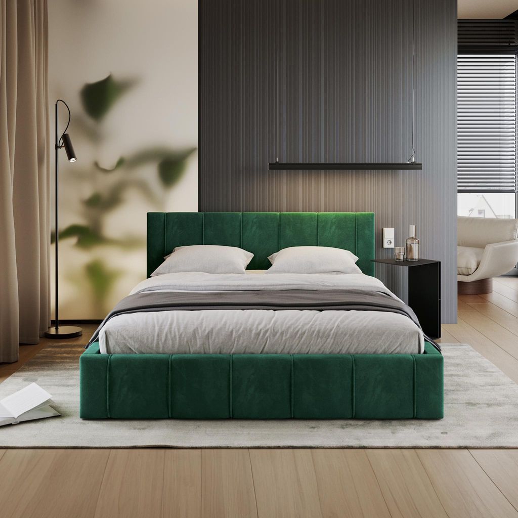 FDM Bett FLORIDA Trinity 120x200 cm Polsterbett mit Lattenrost aus Metall Bettkasten Stauraumbett Samt dunkelgrün