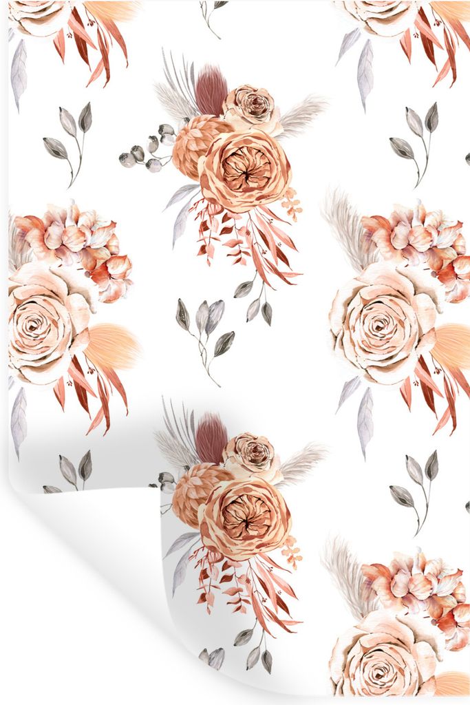 MuchoWow Wandtattoo Wandsticker Wandaufkleber Rosen - Blätter - Weiß - Muster 20x30 cm Selbstklebend und Repositionierbar - Sticker - Dekorfolie