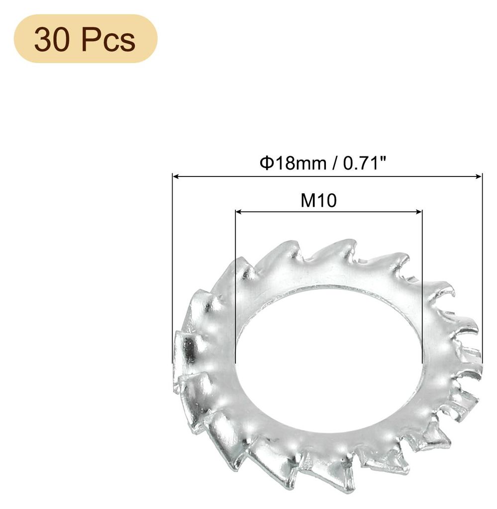 30 Stš¹ck externe Zahnsternscheiben, M10 Stahl Zink-Finish externe gezahnte Sicherungsscheibe fš¹r mechanische Ausrš¹stungsbefestigungen, Silber