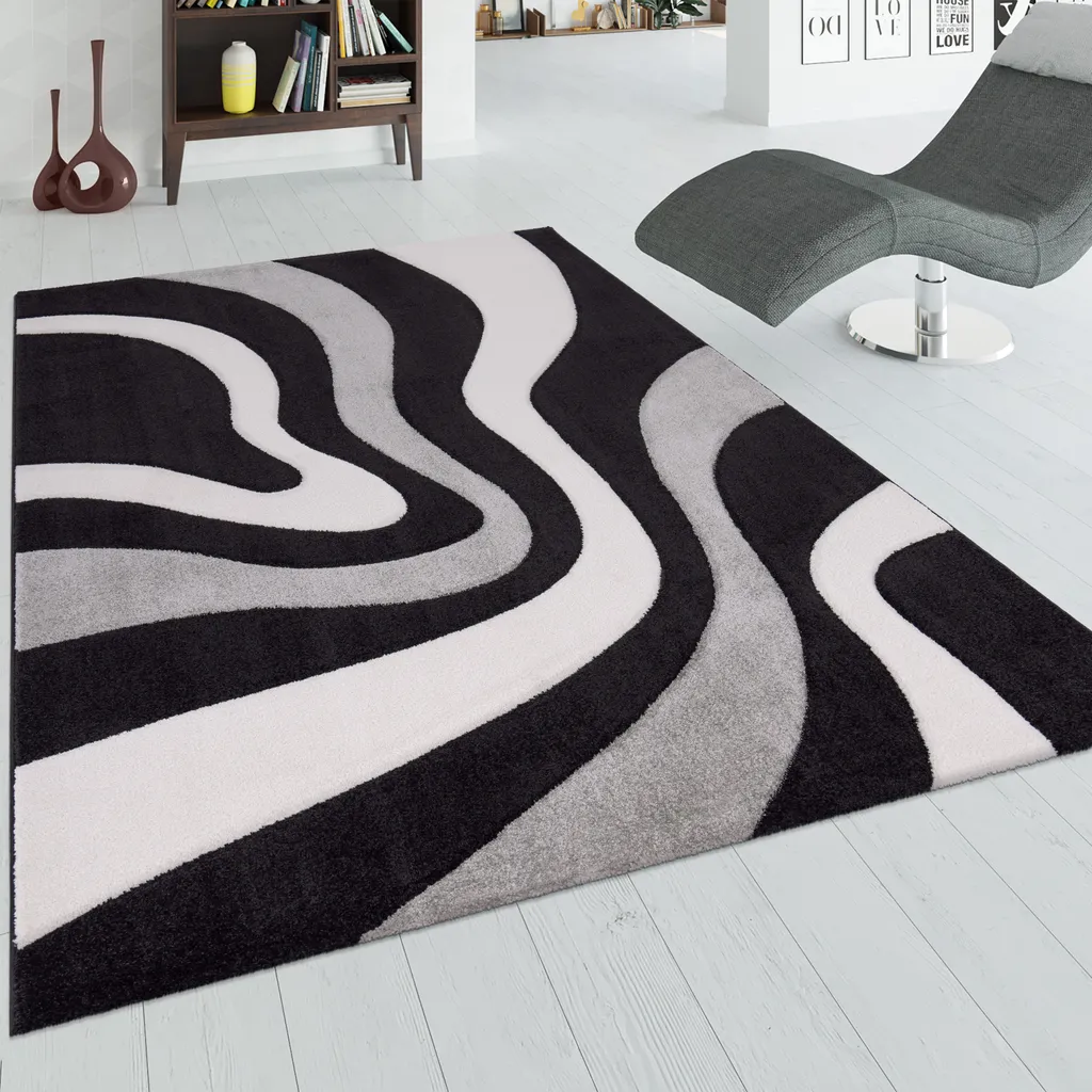 Tapis design à découpe contours motif ondulé noir gris blanc 240x330 cm