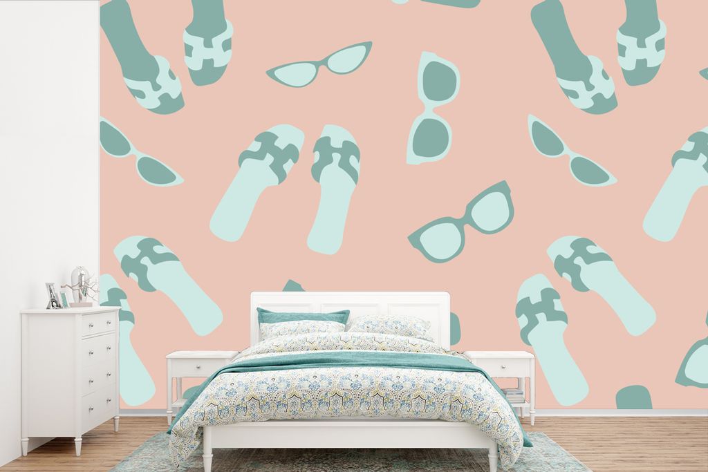 MuchoWow Fototapete für Wohnzimmer oder Schlafzimmer Wandtapete Vinyl Motivtapete Sommer - Sonnenbrille - Hausschuhe - Pastellfarben - 330x220 c...