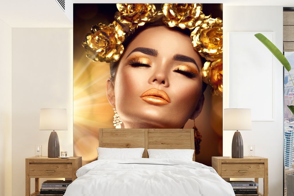 MuchoWow Fototapete für Wohnzimmer oder Schlafzimmer Wandtapete Vinyl Motivtapete Frau - Blumen - Gold - 195x260 cm - Wandbild