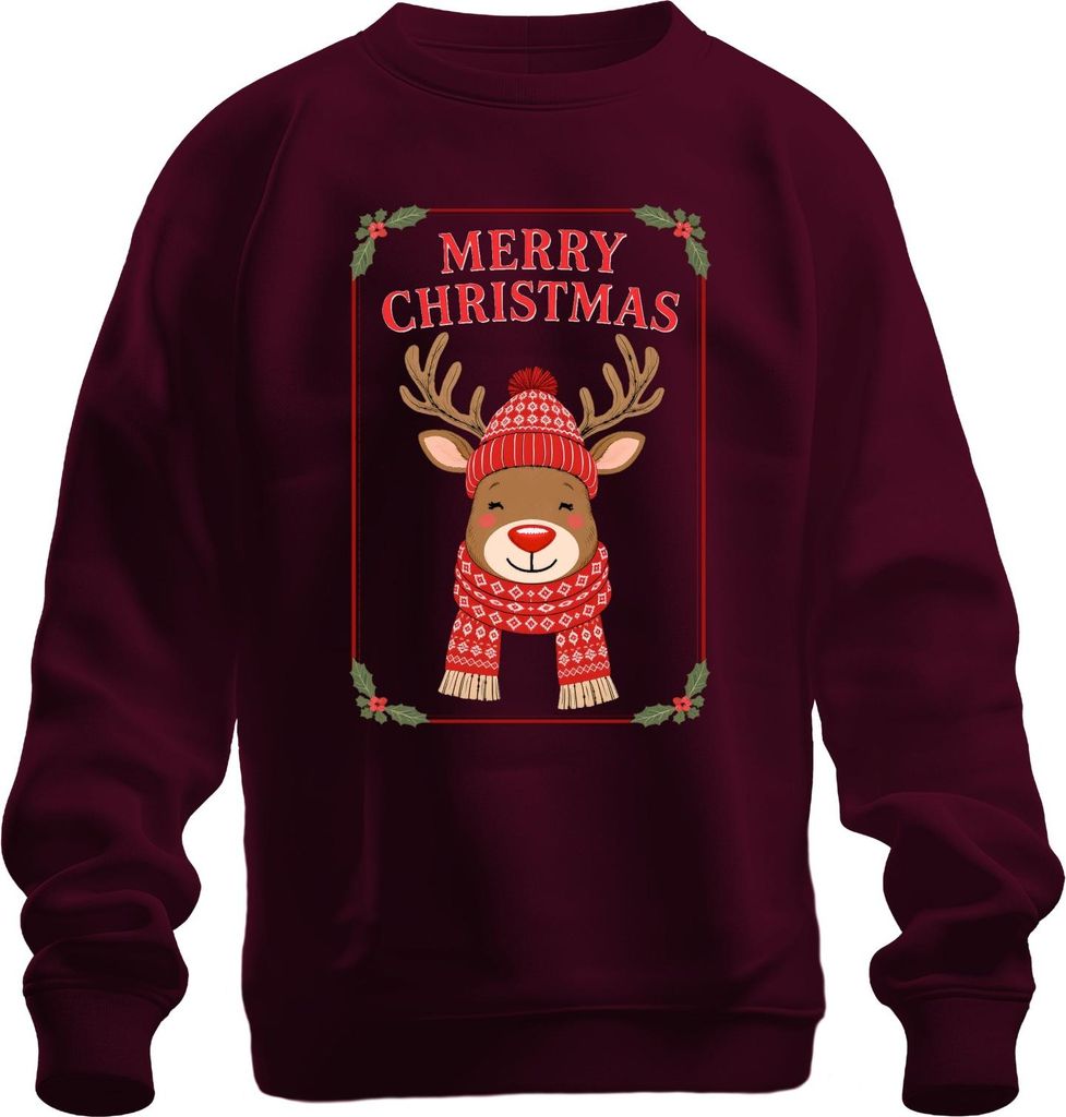 MERRY CHRISTMAS Weihnachtsrentier rote Nase Schal Norweger lustig Uni Sweatshirt Pullover, Burgundy, L