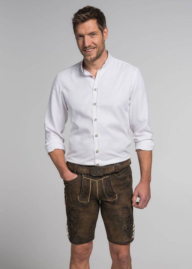 Wolverine Herren Trachtenhose Lederhose kurzhose mit Gürtel Ziegenvelour bestickt, Größe:50/M, Farbe:Schwarz