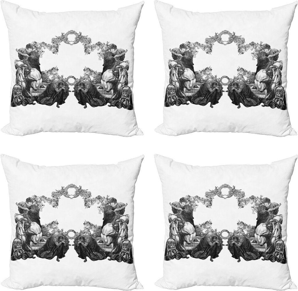 ABAKUHAUS viktorianisch Kissenbezug Set (4 Stück), Antike Blumenbogen, Moderner Doppelseitiger Digitaldruck, 50 cm x 50 cm, Schwarz-Weiss