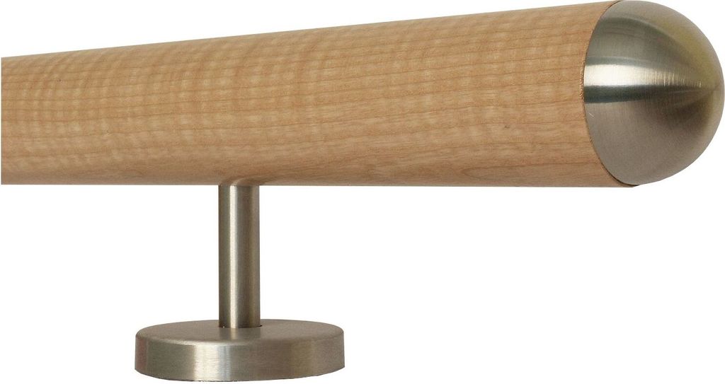 TIBU Esche Holz Handlauf Geländer 0,3m - 5m, Länge 110 cm, Ende Halbrunde Edelstahlkappe und 2 gerade Halter