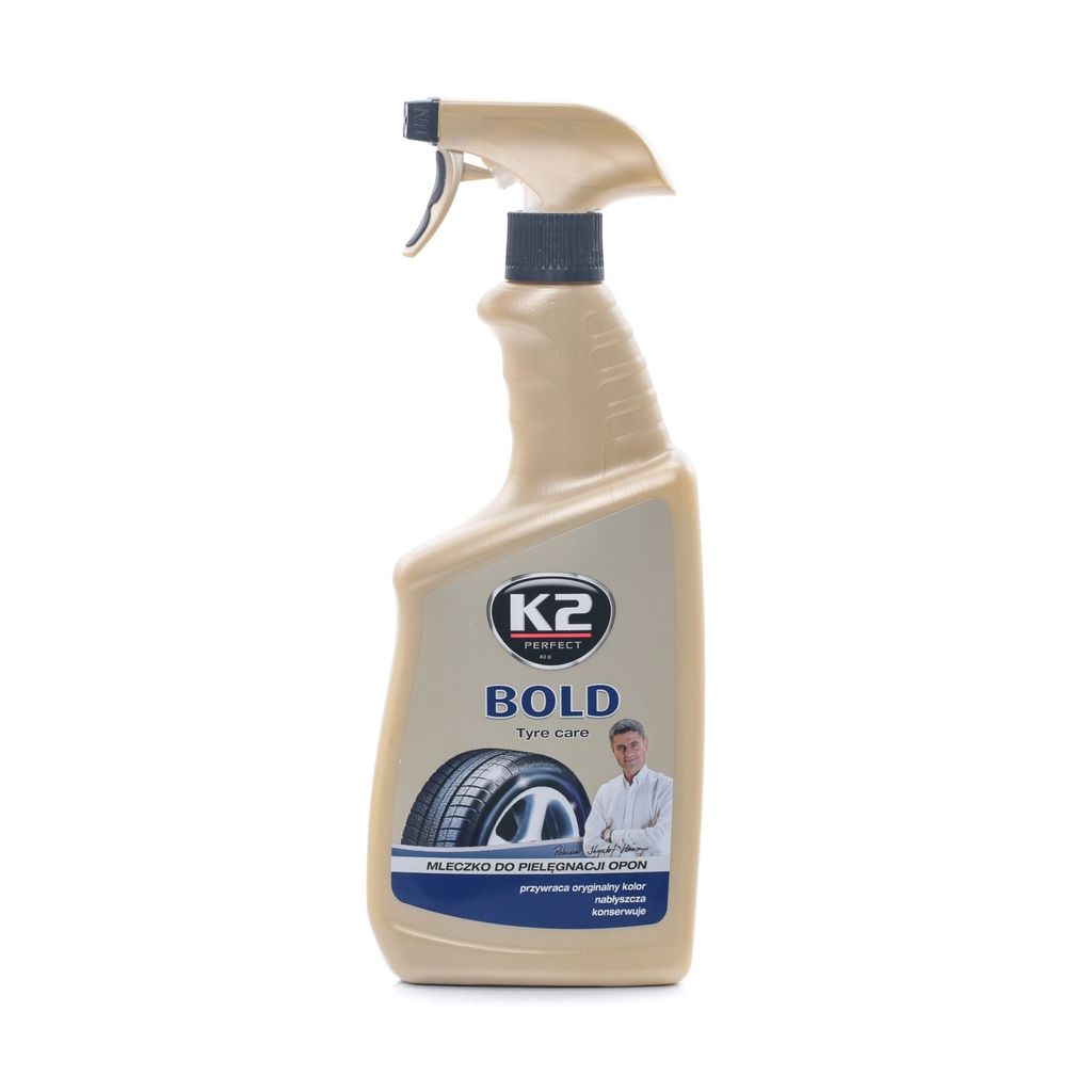 A bottle of K2 BOLD Tyre Care product against a white background.