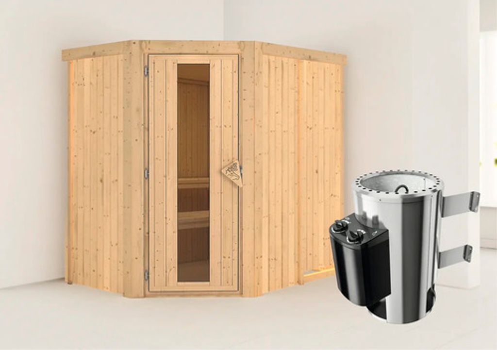 Plug & Play Sauna Karibu Laja inkl. 3,6 kW Ofen u.integr.Steuerung ohne Dachkranz mit Holztüre aus Isolierglas wärmegedä