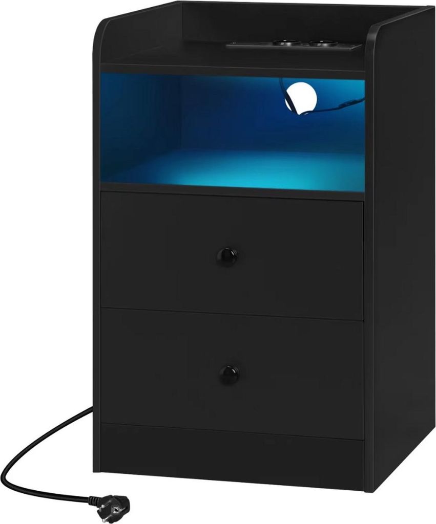 Nachtkommode mit RGB-LED-Beleuchtung – Schwarz – Mit integrierten USB-Ladeanschlüssen – Modernes Schlafzimmer-Beistellmöbel mit 2 Schubladen
