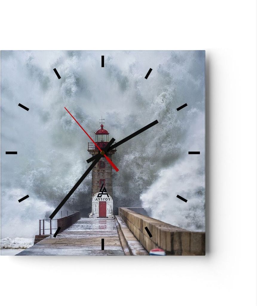 Wanduhr - Quadrat - Glasuhr - Laterne Meer Sturm - 30x30cm - Schleichendes Uhrwerk - Lautlos - zum Aufhängen bereit - Dekoration Modern - Wanddeko...