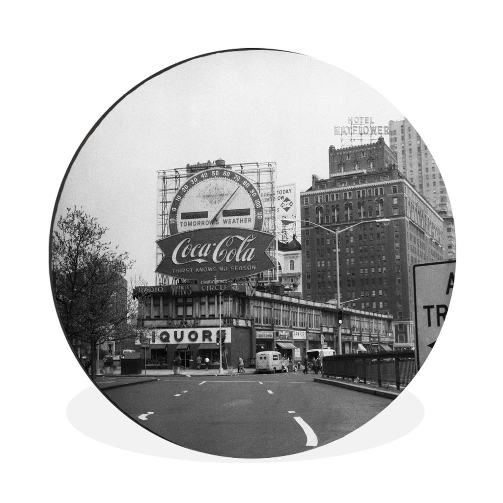 MuchoWow Aluminium Wandkreis Coca-Cola-Werbeschild in der Stadt (schwarz-weiß) Ø 30 cm Wanddeko Modern Wohnzimmer - Wand Bild - Wohnzimmer - Ru...