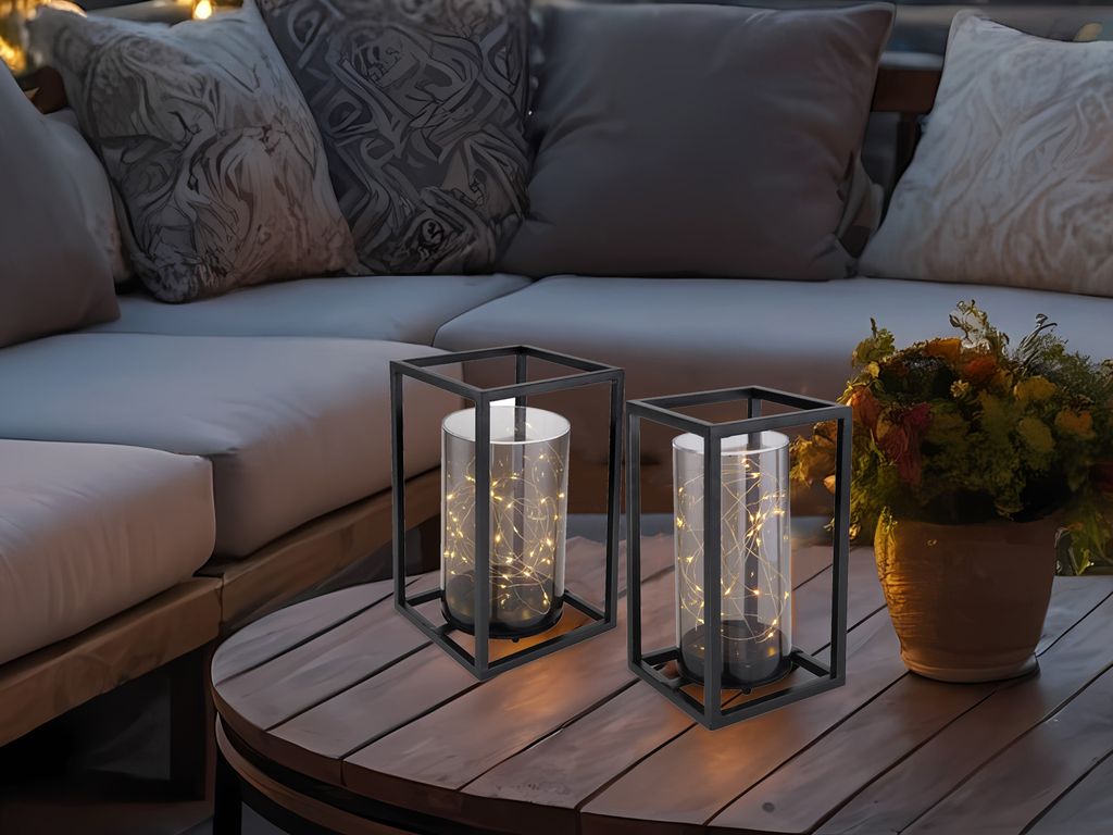 2er Set Ausgefallene Deko Solarleuchten Garten, Outdoor Tischlampen H 25 & 28cm