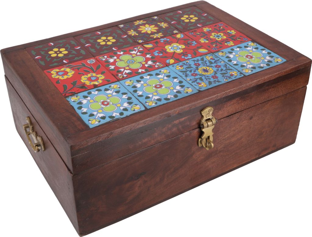 Rustikale Kleine Schatztruhe, Holzschachtel, Schmuckdose mit Eingelassenen Fliesen - Modell 1, Braun, 14*35*25 cm, Dosen, Boxen & Schatullen