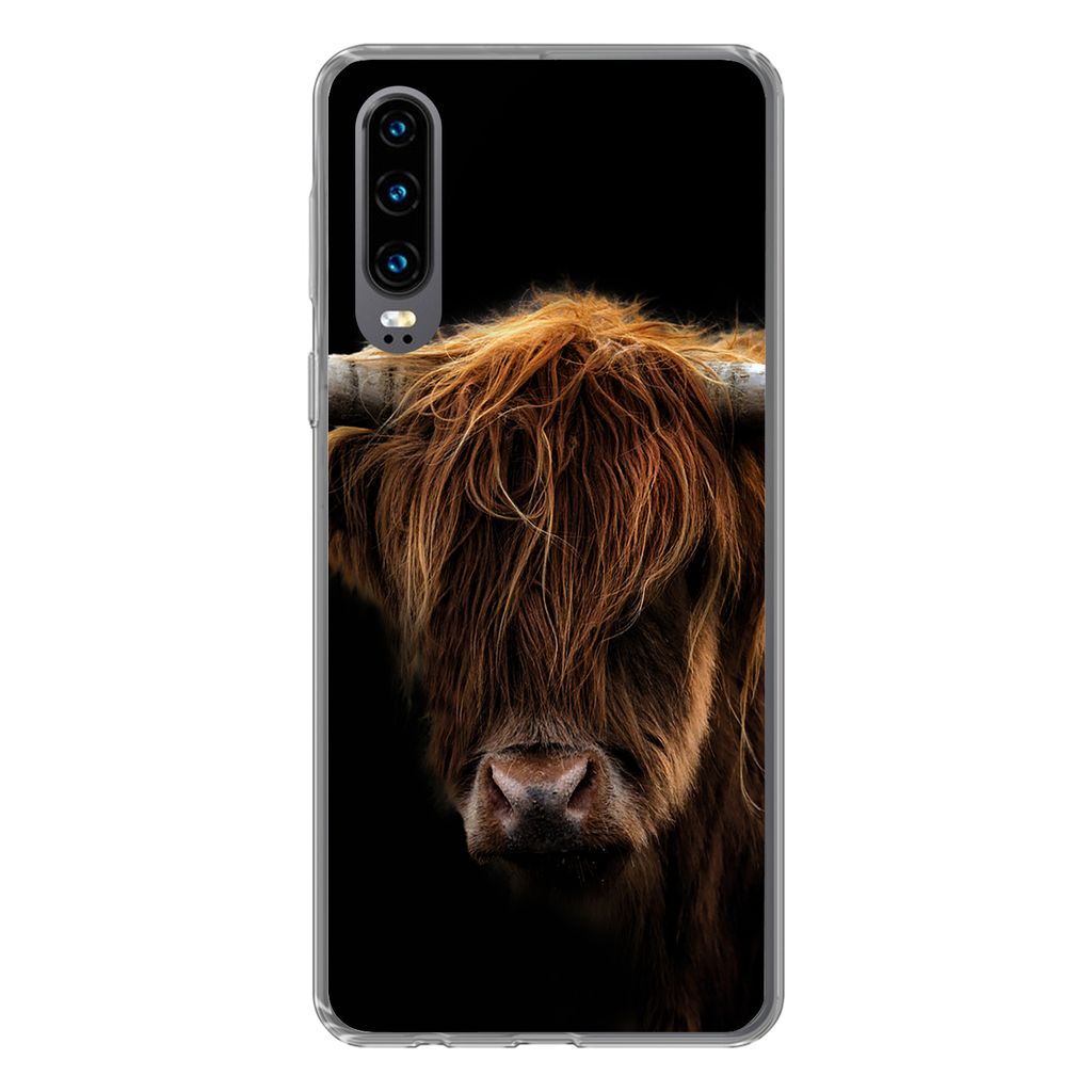 MuchoWow Handyhülle Schutzhülle Hülle für Huawei P30 Schottischer Highlander - Hörner - Schwarz - Tiere - Natur - Wild - Kuh Silikon Softcas...