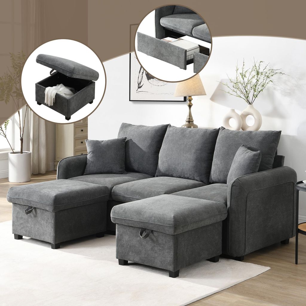 Sweiko Multifunktionale Ecksofa U-Form-Dreisitzer Polster-Sofa mit Staufunktion – Inklusive Schubladen + Hocker mit Staufach, modular zerlegbares...