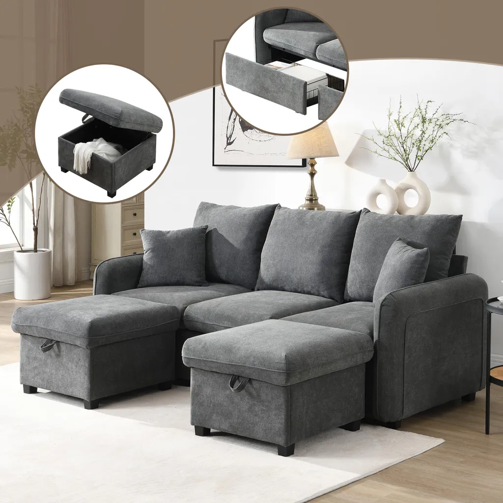 Canapé convertible en chenille avec rangement et pouf modulable Sweiko
