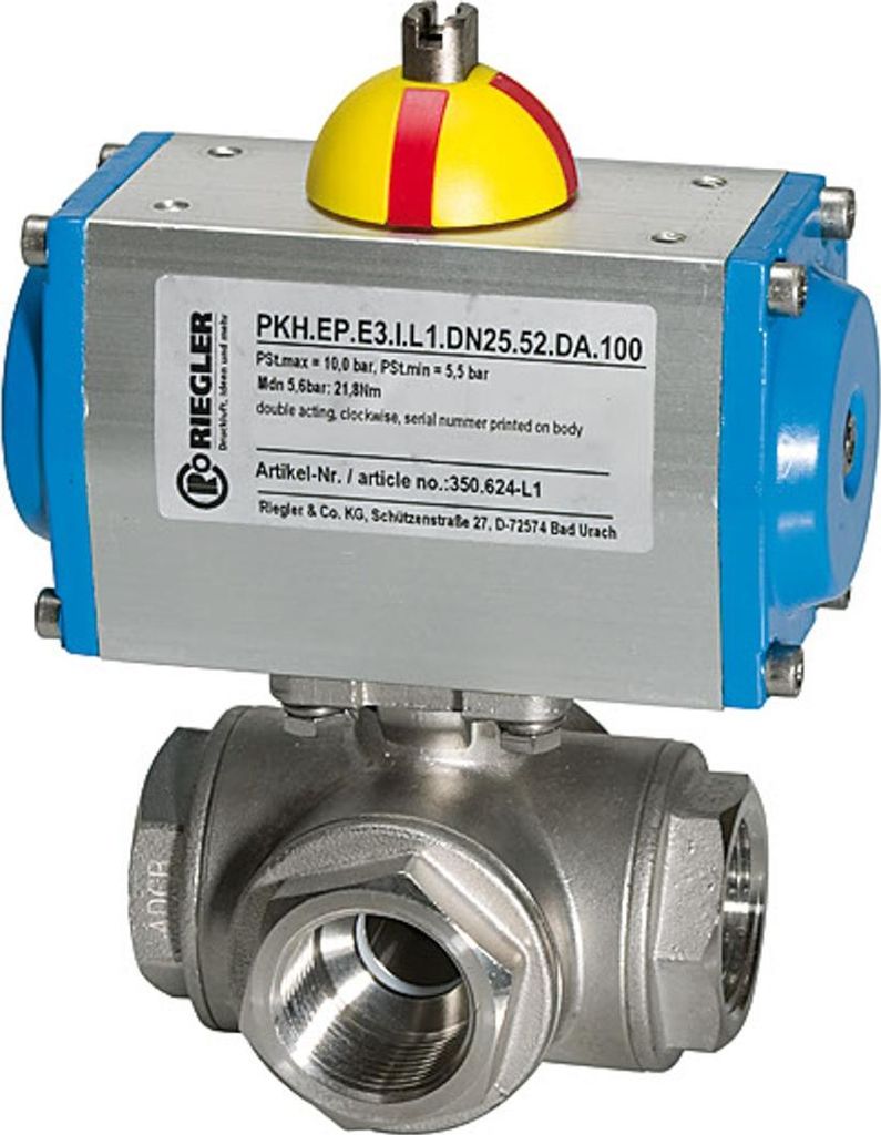 Riegler Edelstahl-Kugelhahn, pneumat. Stellantrieb doppeltwirkend, L-Bohrung, Rp 1