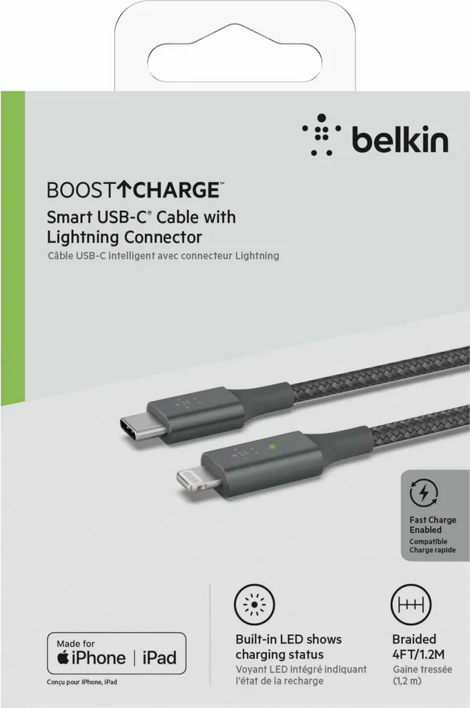 Belkin Câble Smart LED gris 1,2 m USB-C vers Lightning CAA006bt04GR