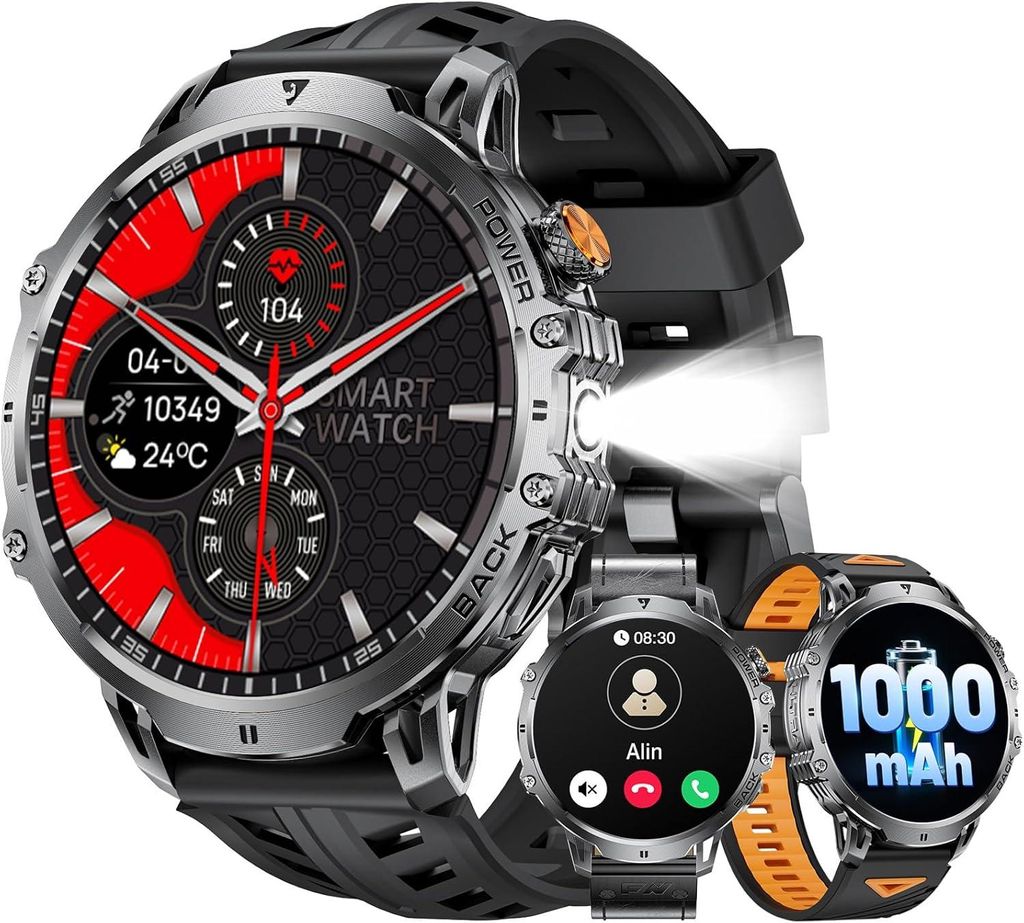 LIGE Smartwatch Herren 1.85'' HD Display 1000mAh Akku 110+ Sportmodi LED Licht Herzfrequenz SpO2 Schlafmonitor Telefonfunktion IP68