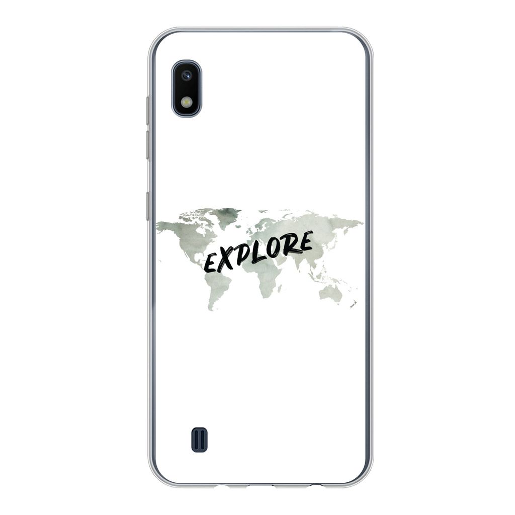 MuchoWow Handyhülle Schutzhülle Hülle für Samsung Galaxy A10 Weltkarte - Grau - Zitat Silikon Softcase Handy Hülle - Schutzhülle