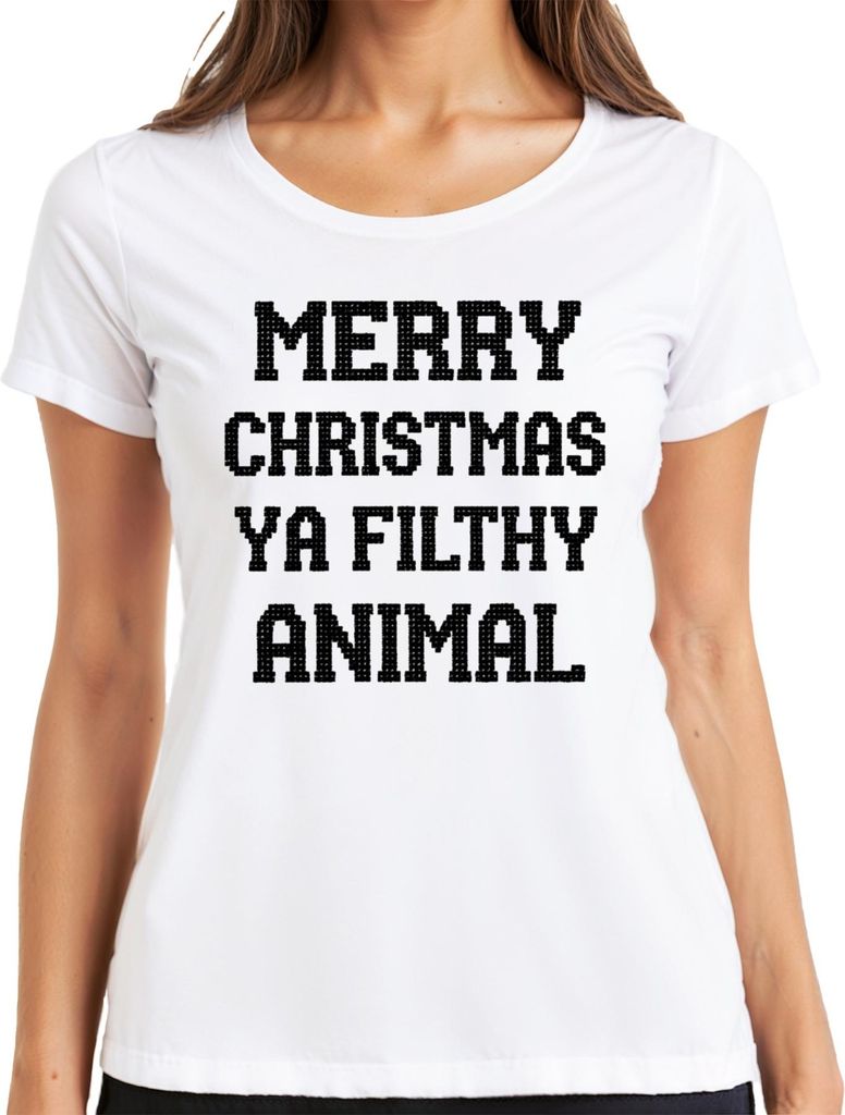 Merry Christmas Ya Filthy Animal lustig Weihnachten Geschenk Damen T-Shirt, Weiß, L