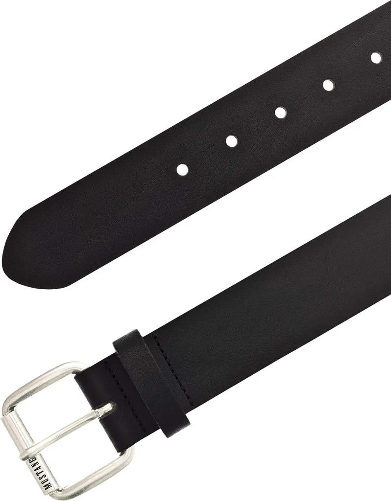 Cintura Uomo Mustang In Pelle Liscia 100% – Larga 35 Mm, Fibbia Quadrata In Argento, Nero (Taglia 105 Cm)