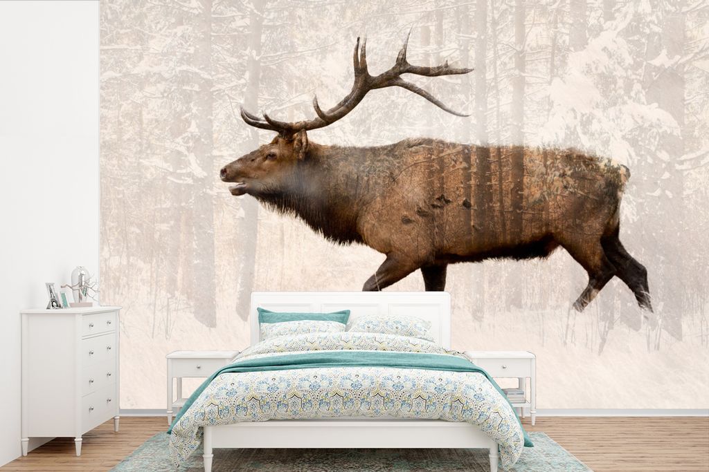 MuchoWow Fototapete für Wohnzimmer oder Schlafzimmer Wandtapete Vinyl Motivtapete Elch - Wald - Geweih - 390x260 cm - Papiertapete