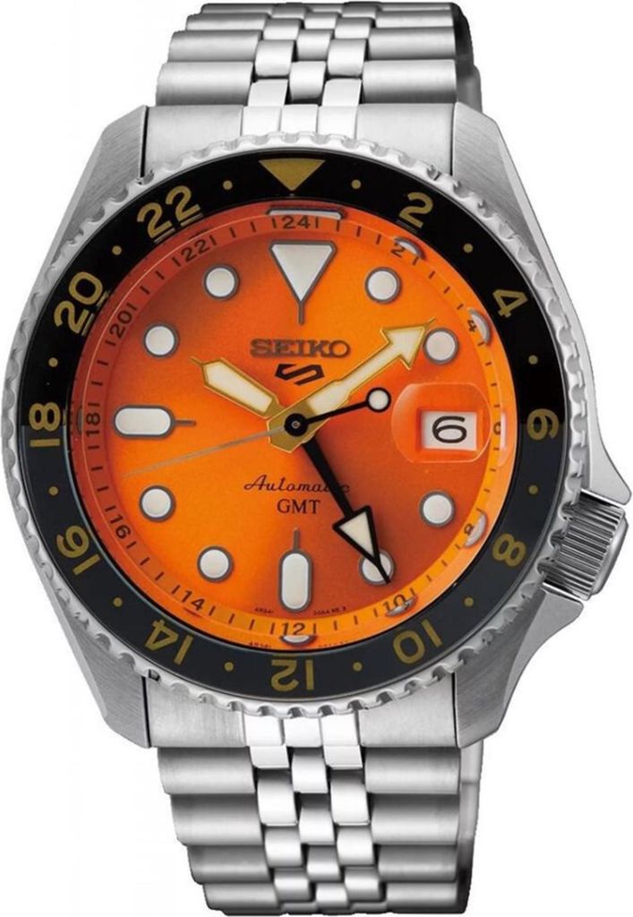 A close-up studio shot of a men's Seiko 5 Sports GMT watch with an orange dial and a stainless steel bracelet.