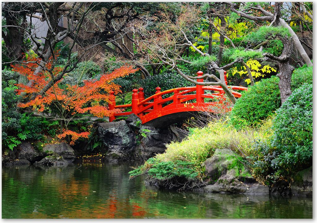 Tulup Leinwandbild - 100x70 cm - Wandkunst - Drucke auf Leinwand - Leinwanddruck - Landschaften - Rot - Japanischer Garten