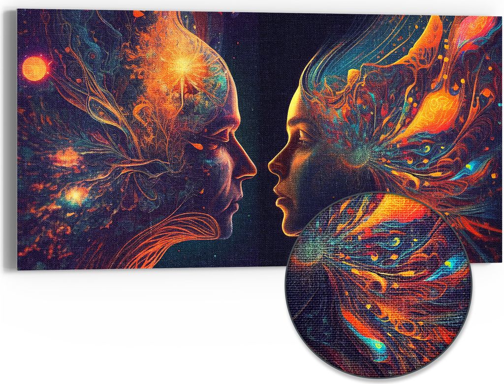 DEQORI Hybrid Leinwand Bild 60x30 cm 'Kosmische Geistesreise' Wandbild Glas flach modern