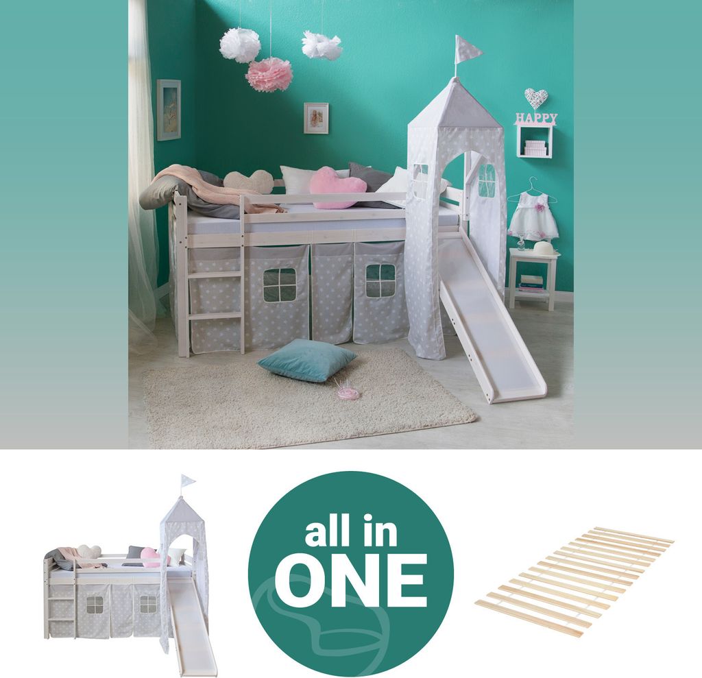 Homestyle4u Kinder Hochbett 90x200 weiss mit Lattenrost Rutsche Turm