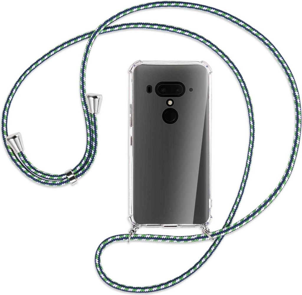Handykette Backcover-Schutzhülle mit Band (Metall silberfarben) für HTC U12 Plus - grün/blau/weiß