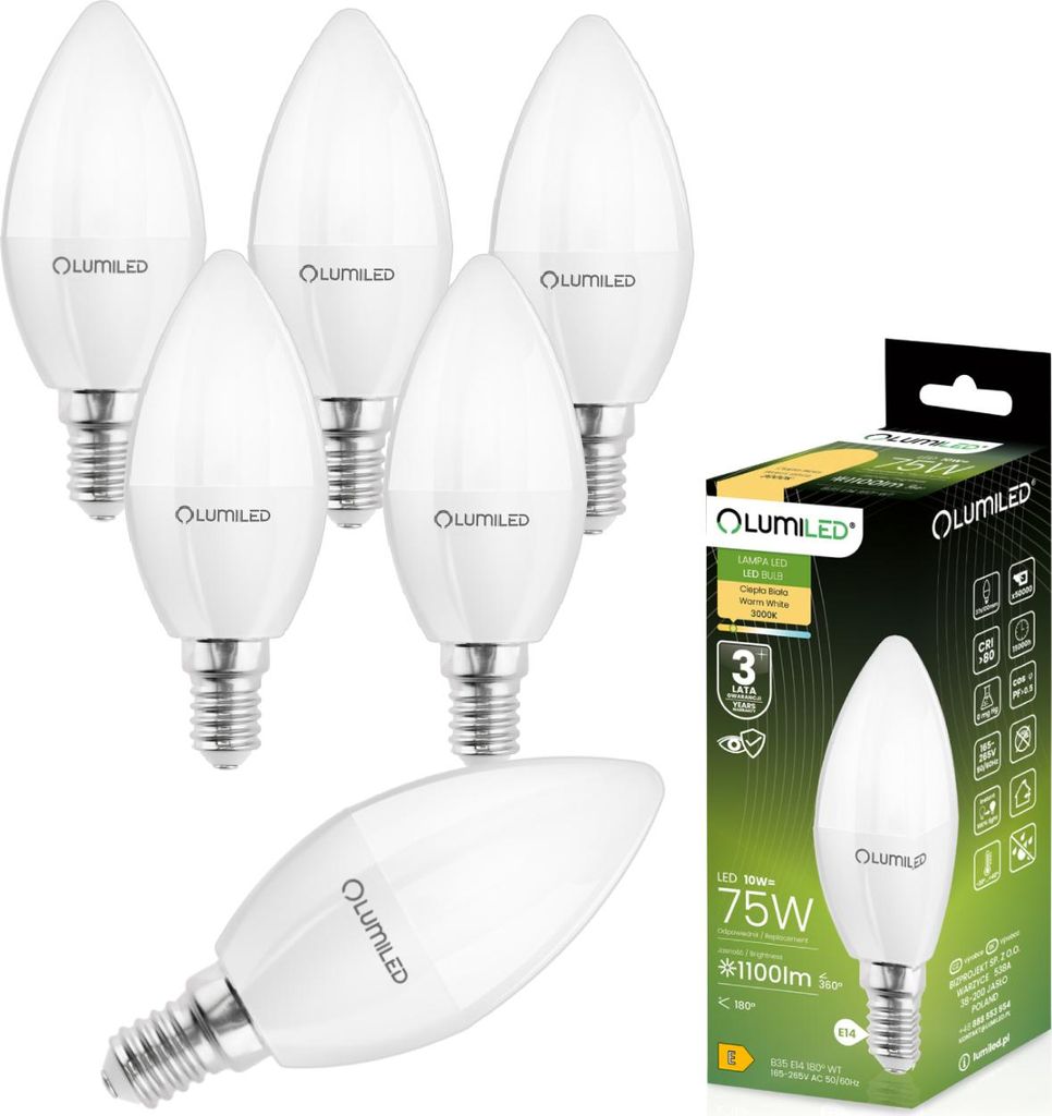 A set of LED candle light bulbs and their packaging.