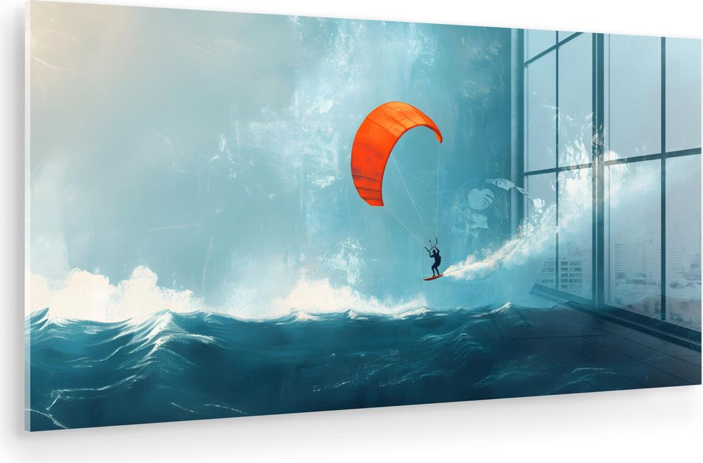 MuchoWow Glasbilder - Bilder auf Wandbild - Foto auf Glas Kitesurfer - Orange - Meer - Himmel 40x20 cm Wanddekoration aus Glas - Acrylglasbild - Ac...