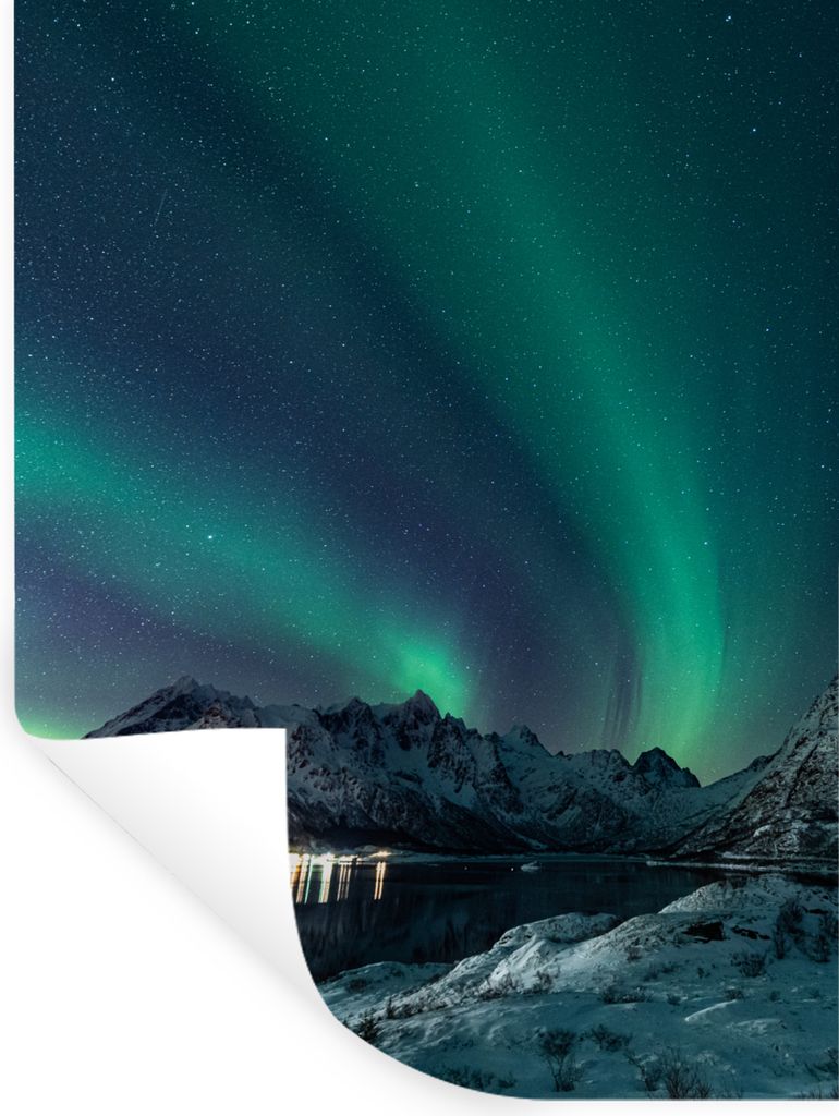 MuchoWow Wandtattoo Wandsticker Wandaufkleber Nordlicht - Berg - Schnee - Grün - Sternenhimmel - Winter 90x120 cm Selbstklebend und Repositionie...